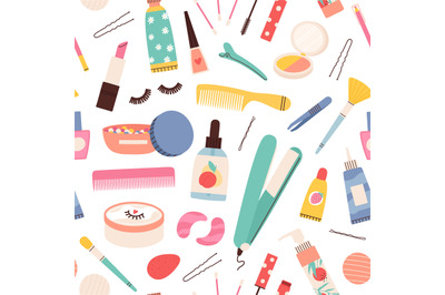 Makeup cosmetic seamless pattern. Beauty skin and hair care products a