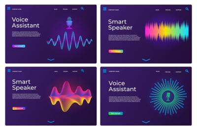 Voice assistant landing pages. Web templates for smart speaker with au