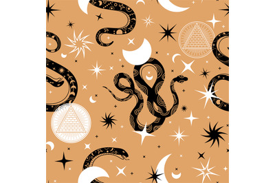 Mystic snakes seamless pattern. Print with snake silhouettes and astro