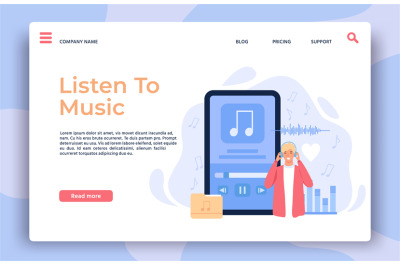 Music app landing page. Man with headphones listening playlist, songs