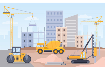 Construction site. Landscape of building process with crane, bulldozer