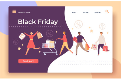 Black friday web page. Shop big sale and discount banner with running