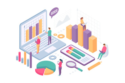 Isometric business analysis. People work with data charts, statistics