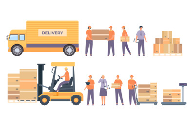 Warehouse workers and equipment. Flat delivery man with parcels, truck