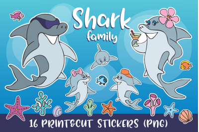 Shark family printable stickers PNG