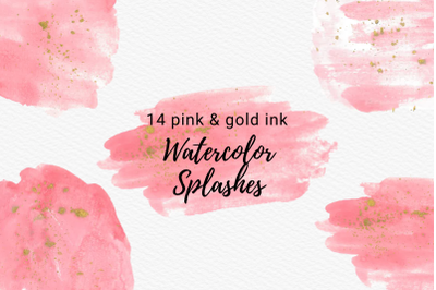 Pink Watercolor Splash with Gold Ink, Pink watercolor brush strokes