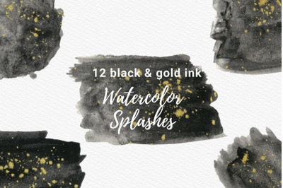 Black Watercolor Splash with Gold Ink Clipart