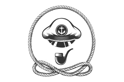 Captain Hat with Smoking Pipe Nautical Emblem