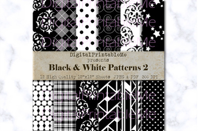 Black &amp; White Digital Paper, Boho Patterns 2, Scrapbook pack, print Ba