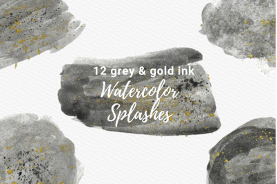 Gray Watercolor Splashes with Gold Ink Clipart,