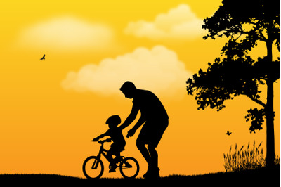 father teach bicycle silhouette