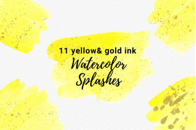 Yellow Watercolor Splashes with Gold Ink Clipart