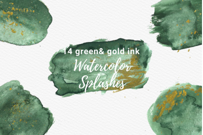 Green Watercolor Splashes with Gold Ink Clipart