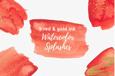 Red Watercolor Splashes with Gold Ink Clipart