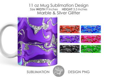 11 oz mug sublimation PNG, Marble effect, Silver glitter