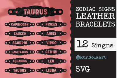 12 Constellation Star Zodiac Leather Bracelets template SVG, DXF.