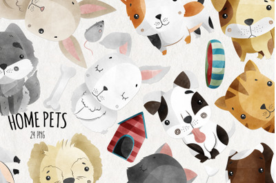 Watercolor Home Pets Clipart | Set of 24