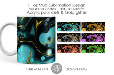 Sublimation mug designs, 11 oz Mug, acrylic pour cells, golden glitter