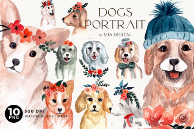 Dogs Portrait Watercolor Clipart Set