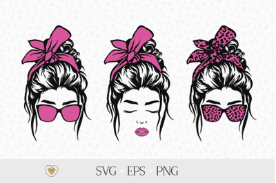 Messy bun svg, Girl with leopard bandana and glasses png