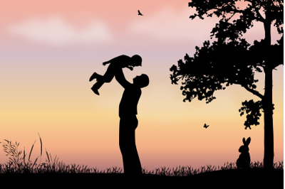 father and son silhouette landscape