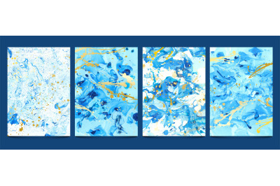 Watercolor fluid. Modern blue marble textures with golden splashes. Ab