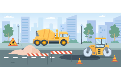 Road works. Pavement repair with asphalt roller, concrete mixer and st