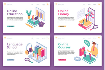 Online education landing pages. Isometric distance learning, home stud