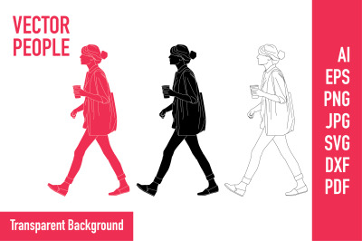 Vector illustration of fashionable woman walking with hot coffee