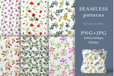 Seamless watercolor patterns of flowers and berries