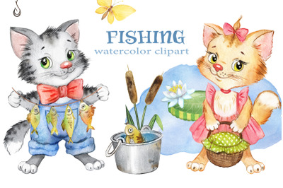 Cat fisherman watercolor clipart. Cat, kitty, fish, fishing