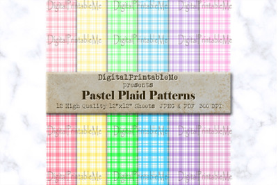 Pastel Plaid Digital Paper White Rainbow mixed variety of colors Scrap