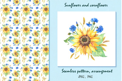 Watercolor sunflower and cornflower
