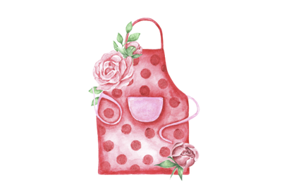 Apron watercolor illustration. Red apron with polka dots. Chef, pastry