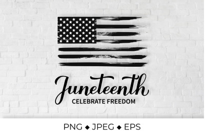 Juneteenth lettering. Distressed Freedom Day flag.