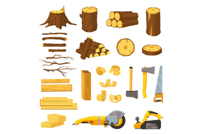 Lumber industry materials and tools. Wood planks, logs, board and tree