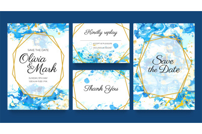 Watercolor wedding invite cards. Blue and gold invitation templates wi