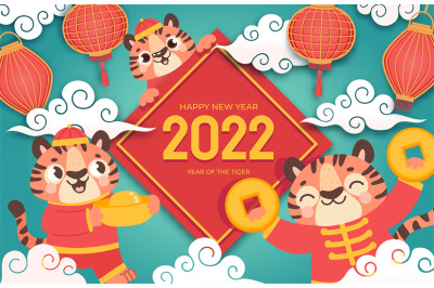 Chinese new year 2022. Winter holiday banner with cartoon tigers in as