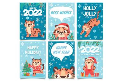 New year 2022 cards. Merry christmas poster with cartoon tiger decorat