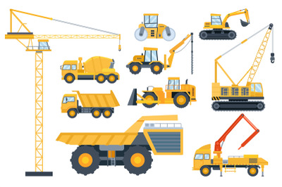 Construction heavy equipment. Crane and building machinery, road rolle