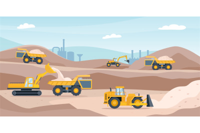 Quarry landscape. Sand pit with heavy mining equipment, bulldozer, dig