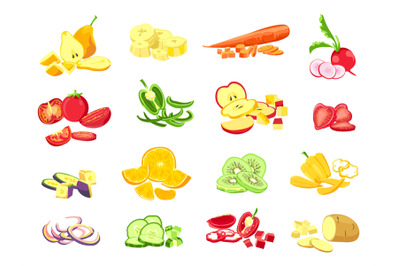 Sliced fruit and vegetable. Cartoon vegetarian food cutted slices, rin