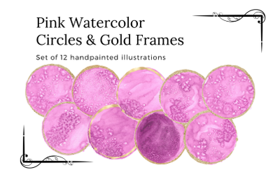 12 Pink watercolor circles with gold frames