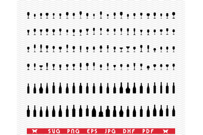 SVG Wine Bottles and Glasses , Black silhouette, Digital clipart