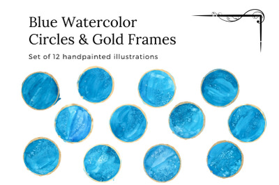 12 Blue watercolor circles with gold frames