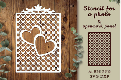 Vertical stencil for a photo. Two hearts on an openwork lattice.