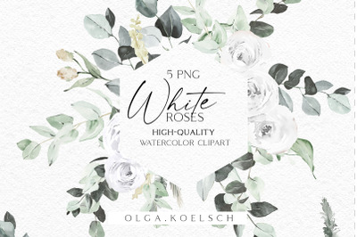 Boho roses frame clipart, Watercolor white floral borders png, Wedding