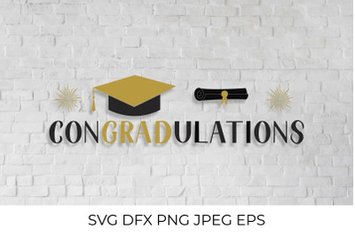 ConGRADutations lettering with graduation hat  SVG cut file, DXF, PNG,