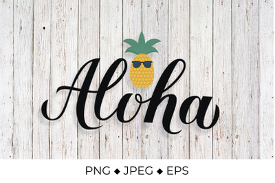 Aloha calligraphy brush lettering and cartoon pineapple