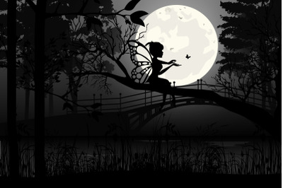 cute fairy and moon silhouette landscape